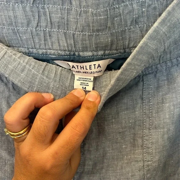 Athleta Women's Cabo 100% Linen Wide Leg Pant Size 14 Blue - Picture 5 of 5